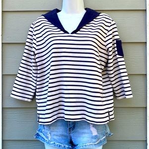 Navy Blue and White Stripe 3/4 Sleeve Sailor Tee Top Shirt